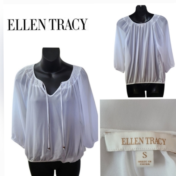 πππ₯ELLEN TRACY WHITE SHEER PEASANT BLOUSEπ₯ππ - Picture 4 of 4
